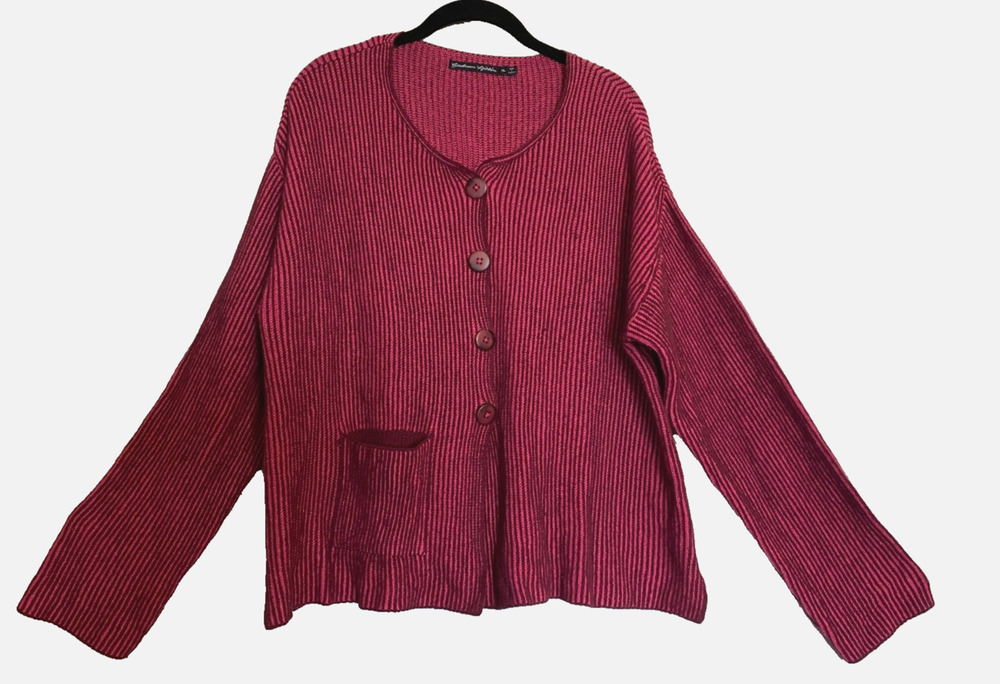 GUDRUN SJODEN Cotton Oversize Magenta Striped Button Cardigan Jacket w Pocket XL